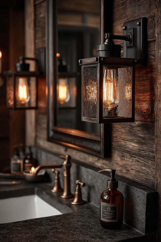 Clawfoot Tubs, Dark Tile, and Candlelight: The Dark Farmhouse Bathroom Guide Black sconces. Black iron flanking the mirror are your primary bathroom lighting