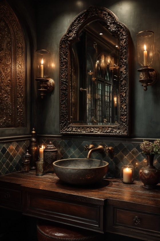 Clawfoot Tubs, Dark Tile, and Candlelight: The Dark Farmhouse Bathroom Guide dark farmhouse antique ornate mirror 01.jpg