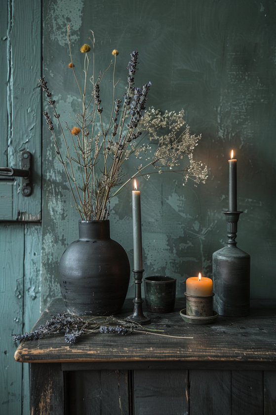 How to Create a Dark Farmhouse Dining Room That Feels Like a Gothic Country Estate Dried botanical stems in dark ceramic vessels and iron candlesticks styled on dark wood sideboard