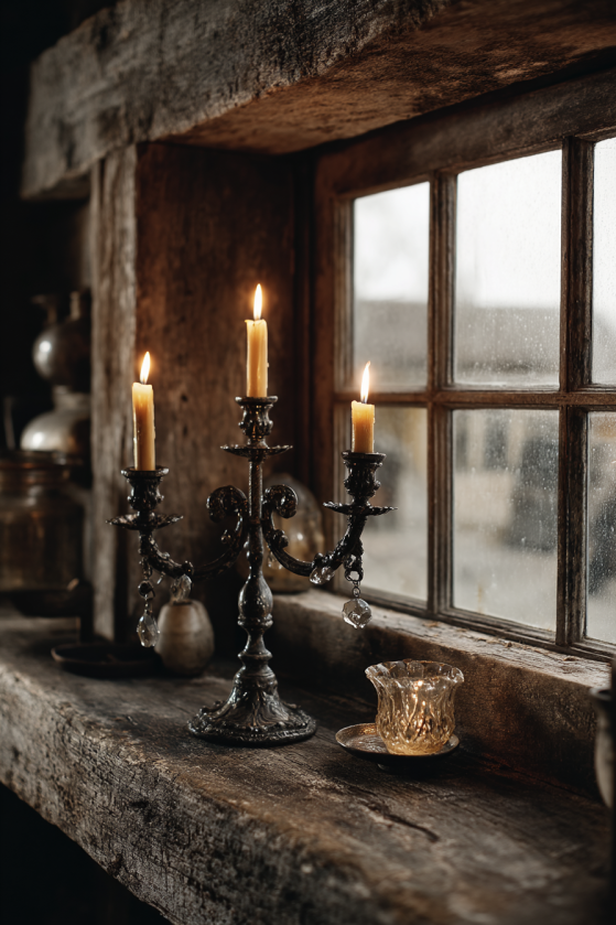 How to Create a Dark Farmhouse Dining Room That Feels Like a Gothic Country Estate Tall iron black candelabras with white taper candles moody farmhouse candlelight glow
