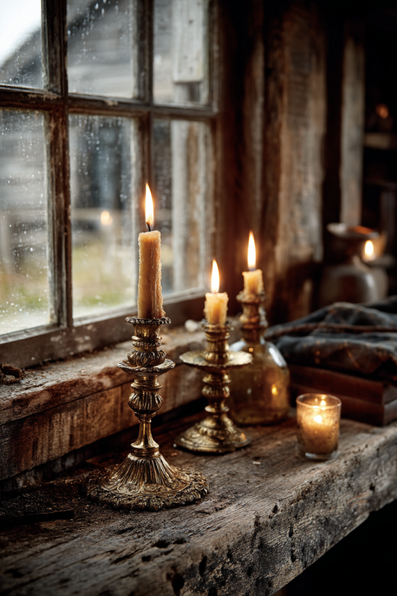 How to Create a Dark Farmhouse Dining Room That Feels Like a Gothic Country Estate Tall Gold candelabras with white taper candles moody farmhouse candlelight glow