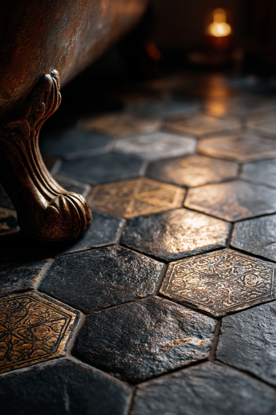 Clawfoot Tubs, Dark Tile, and Candlelight: The Dark Farmhouse Bathroom Guide Charcoal slate hexagonal floor tiles in dark farmhouse bathroom with candlelight and clawfoot tub