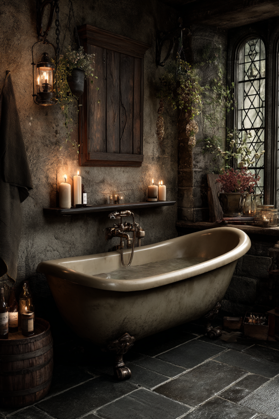 Clawfoot Tubs, Dark Tile, and Candlelight: The Dark Farmhouse Bathroom Guide Antique cream enamel clawfoot bathtub surrounded by candlelight in dark stone bathroom