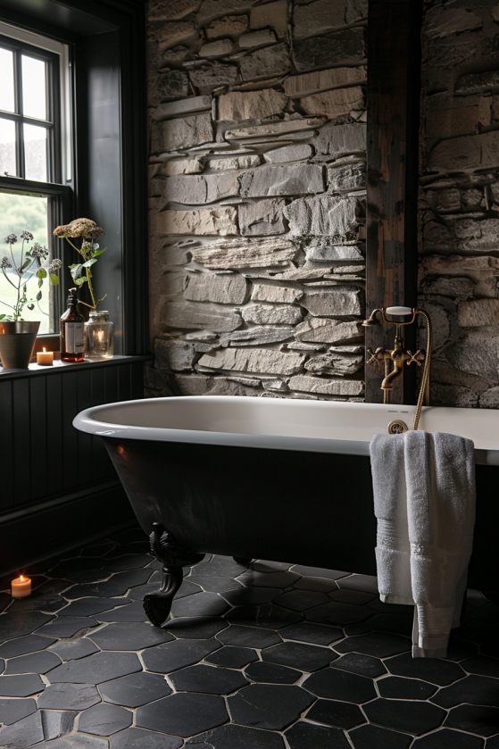 Clawfoot Tubs, Dark Tile, and Candlelight: The Dark Farmhouse Bathroom Guide dark farmhouse clawfoot tub matte black 01.jpg