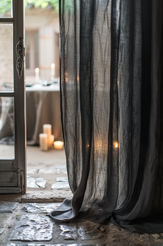 How to Create a Dark Farmhouse Dining Room That Feels Like a Gothic Country Estate Charcoal linen floor-length curtains pooling on dark stone floor beside candlelit farmhouse dining table