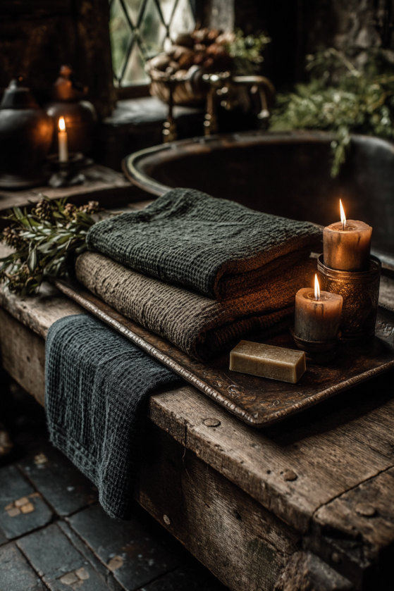 Clawfoot Tubs, Dark Tile, and Candlelight: The Dark Farmhouse Bathroom Guide Dark forest green and charcoal waffle linen towels draped in candlelit moody farmhouse bathroom