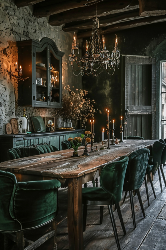 How to Create a Dark Farmhouse Dining Room That Feels Like a Gothic Country Estate Full dark farmhouse dining room with candlelit table, iron chandelier, velvet chairs, and stone walls