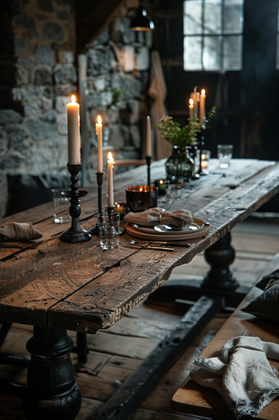 How to Create a Dark Farmhouse Dining Room That Feels Like a Gothic Country Estate Reclaimed oak trestle dining table with iron base in candlelit dark farmhouse dining room