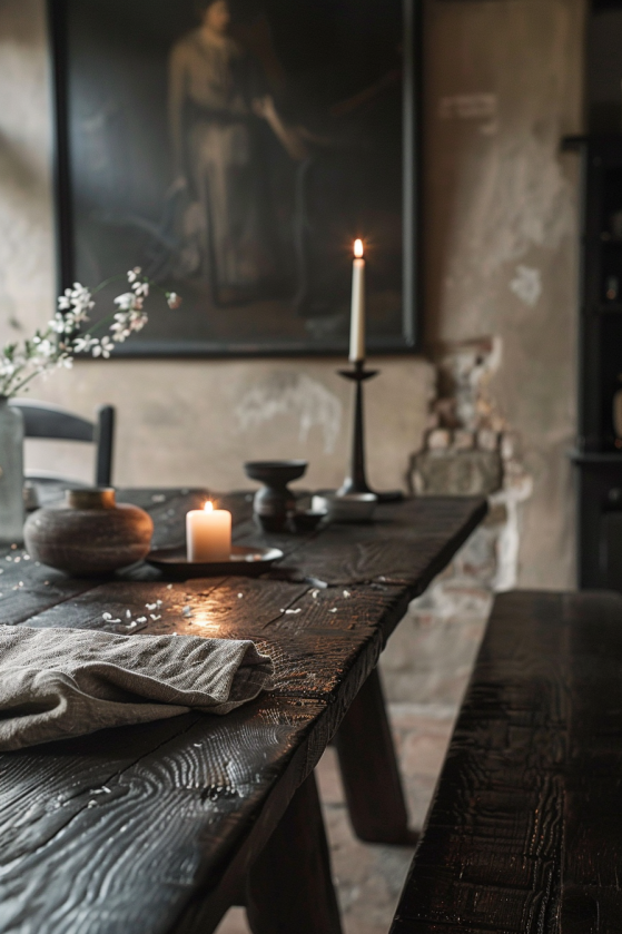 How to Create a Dark Farmhouse Dining Room That Feels Like a Gothic Country Estate moody Moody Farmhouse Moody dining table with bench style seats gothic country estate look