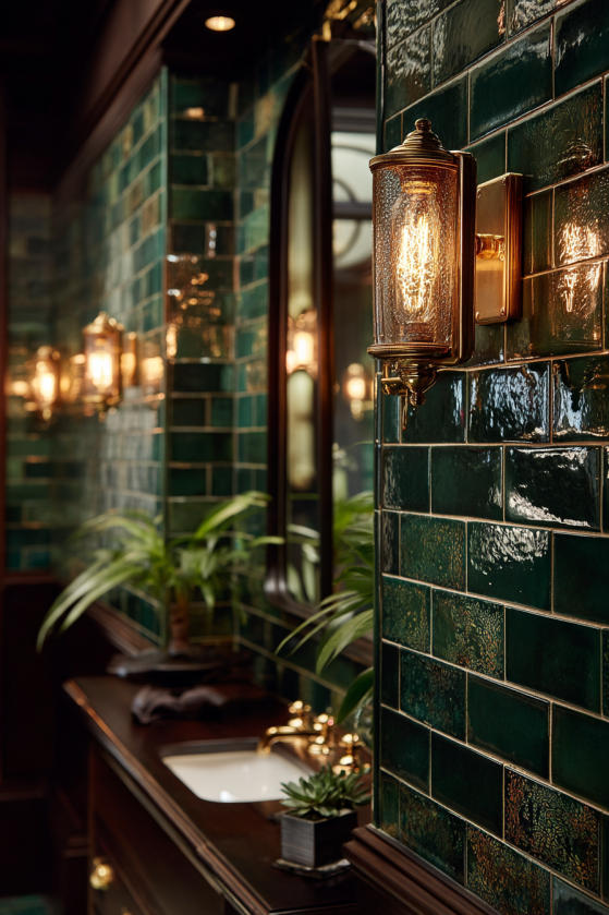 Clawfoot Tubs, Dark Tile, and Candlelight: The Dark Farmhouse Bathroom Guide Glazed bottle green penny tiles on dark farmhouse bathroom wall with brass sconce lighting