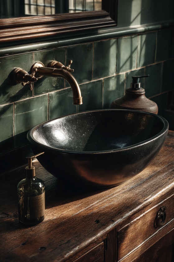 Clawfoot Tubs, Dark Tile, and Candlelight: The Dark Farmhouse Bathroom Guide Matte black ceramic vessel sink on dark reclaimed wood vanity with aged brass faucet