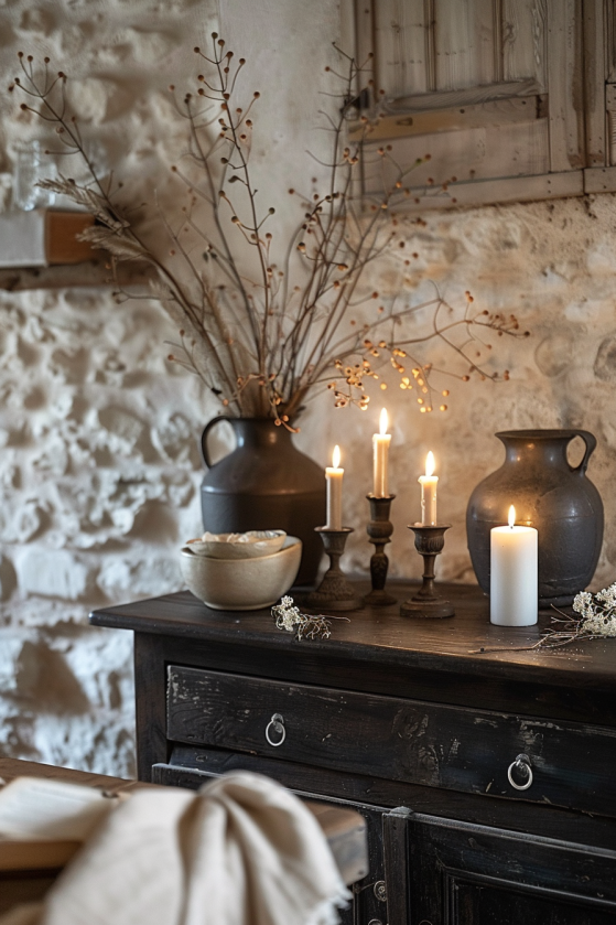 How to Create a Dark Farmhouse Dining Room That Feels Like a Gothic Country Estate Dark wood sideboard with iron hardware styled with candles and ceramics in moody farmhouse dining room