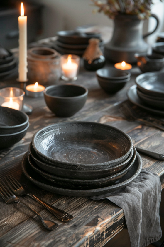 How to Create a Dark Farmhouse Dining Room That Feels Like a Gothic Country Estate Matte black hand-thrown stoneware dinner plates stacked on dark farmhouse dining table with candlelight