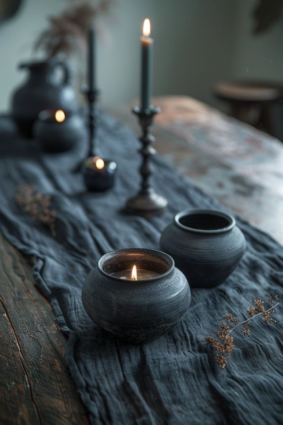 How to Create a Dark Farmhouse Dining Room That Feels Like a Gothic Country Estate Dark charcoal linen table runner on reclaimed farmhouse dining table with candles and ceramic vessels