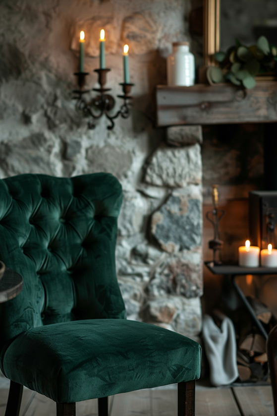 How to Create a Dark Farmhouse Dining Room That Feels Like a Gothic Country Estate Forest green velvet dining chairs around dark reclaimed wood table in candlelit farmhouse interior