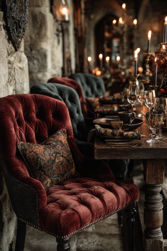 How to Create a Dark Farmhouse Dining Room That Feels Like a Gothic Country Estate Burgundy velvet dining chairs around dark reclaimed wood table in candlelit farmhouse interior