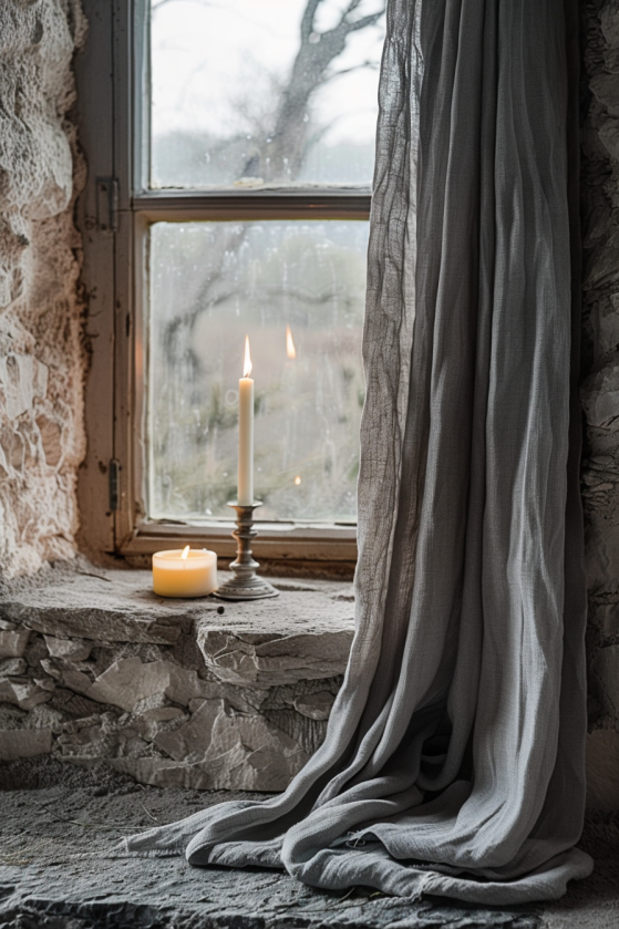 How to Create a Dark Farmhouse Dining Room That Feels Like a Gothic Country Estate Candlelit farmhouse window nook with floor-length charcoal curtains, taper candle, and grey daylight