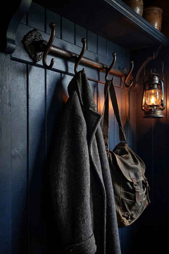 Aged cast iron hook rail on deep navy shiplap wall with wool coat hanging in dark mudroom