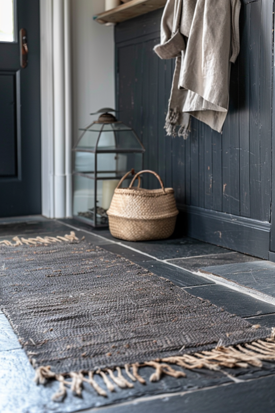 Dark charcoal flat-weave cotton runner rug on slate tile mudroom floor with cast iron hooks above