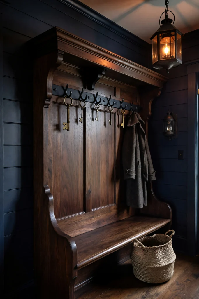 Dark walnut hall tree with iron hooks and storage bench seat in moody farmhouse entryway
