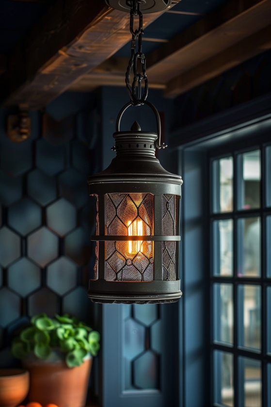 Aged iron cage pendant lantern glowing amber in dark farmhouse mudroom with navy shiplap walls