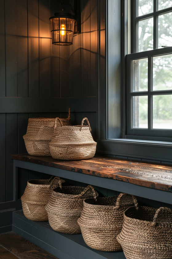 Dark walnut lift-top storage bench with three jute baskets beneath in moody farmhouse mudroom