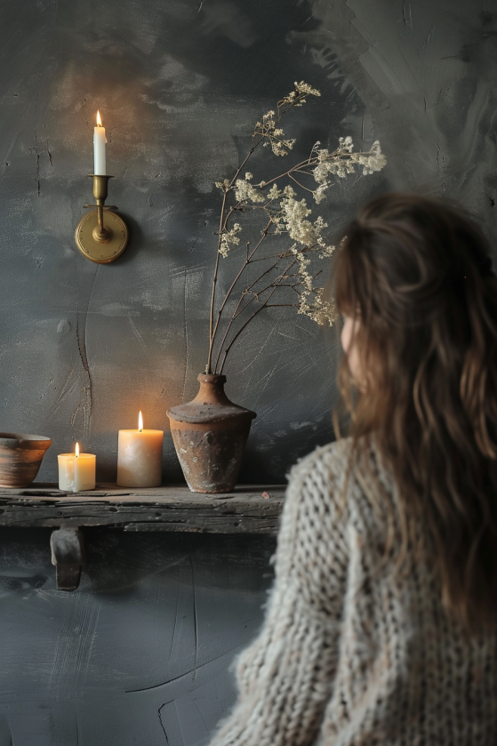 Aged brass wall sconce with warm candle glow on a charcoal plaster wall in a moody farmhouse interior
MJ Prompt: