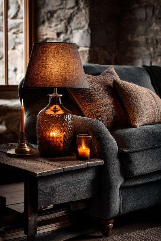 Amber glass table lamp glowing on a side table in a moody dark farmhouse living room with velvet and wood accents