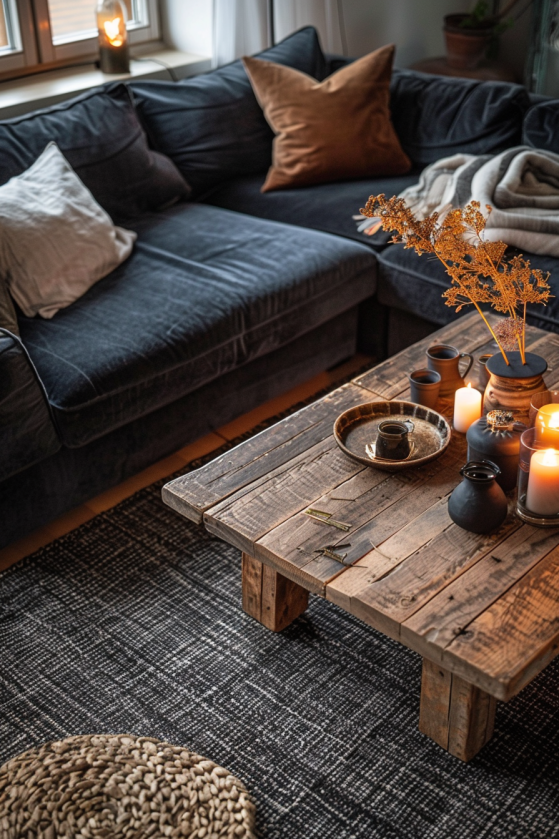 Dark charcoal woven area rug in a moody farmhouse living room with velvet sofa and amber candlelight