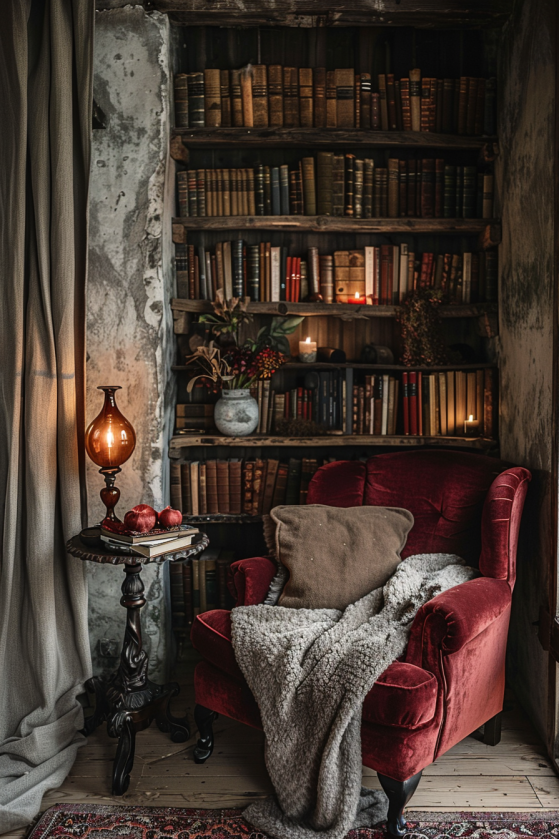 Moody farmhouse reading nook with dark velvet armchair, amber lamp, linen curtains and book-filled wood shelves