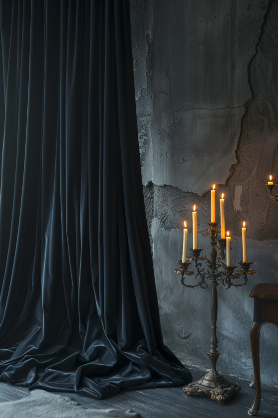 Charcoal velvet blackout curtains drawn in a dark moody farmhouse living room with candlelight and aged wood