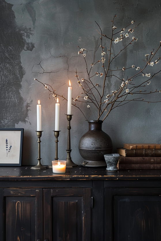 Dark oak sideboard styled with brass candles, dried flowers and books in a moody farmhouse living room