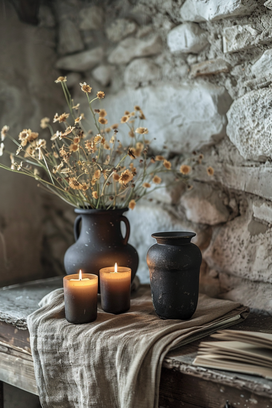 Close-up of moody farmhouse decor vignette with lit candles, aged wood surface and layered velvet and linen textures