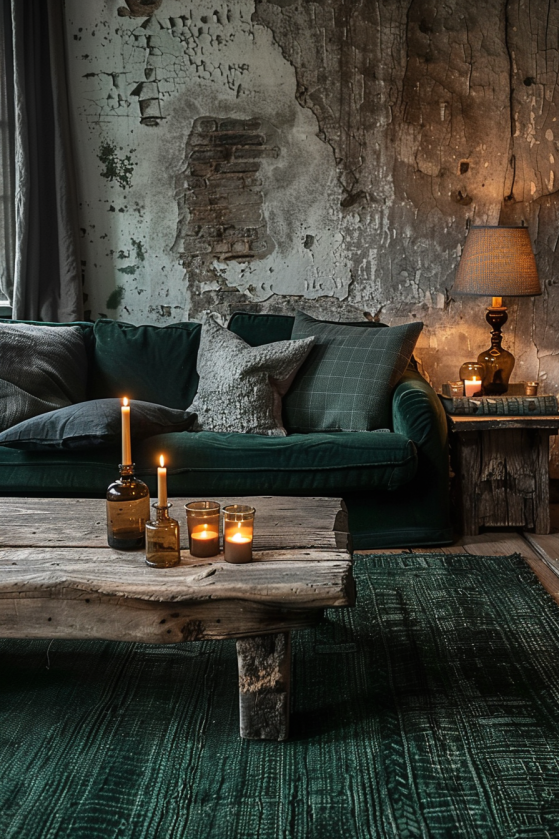 Forest green farmhouse area rug under a dark wood coffee table in a moody farmhouse living room with candles
MJ Prompt: