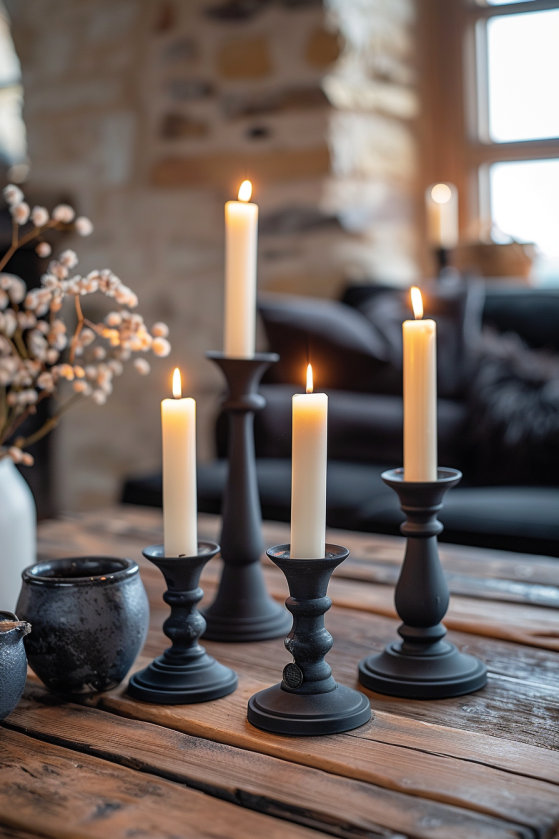 Matte black iron candleholder set with glowing candles clustered on an aged wood table in a dark farmhouse interior