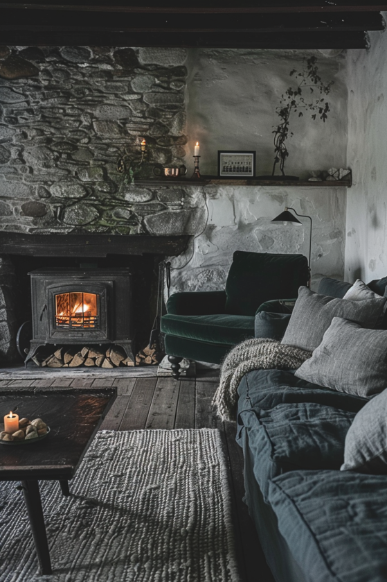 Moody farmhouse living room with charcoal walls, amber candlelight, velvet sofa and aged wood furniture