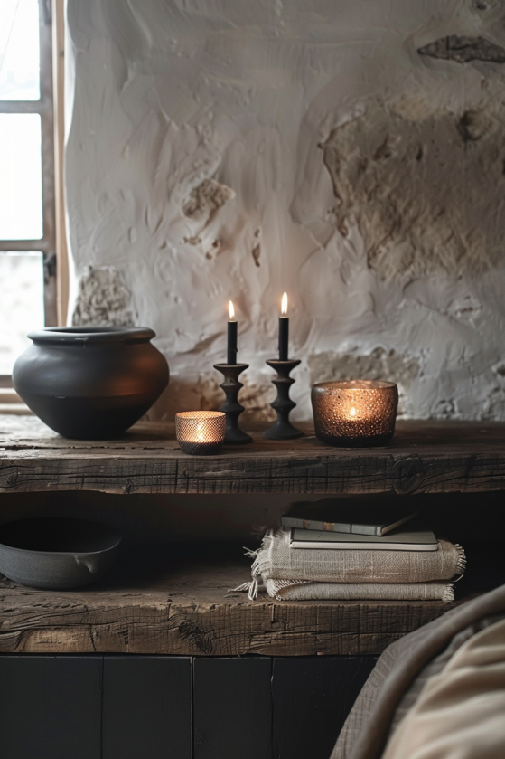 Reclaimed wood media console in a dark farmhouse living room styled with candles, pottery and linen decor