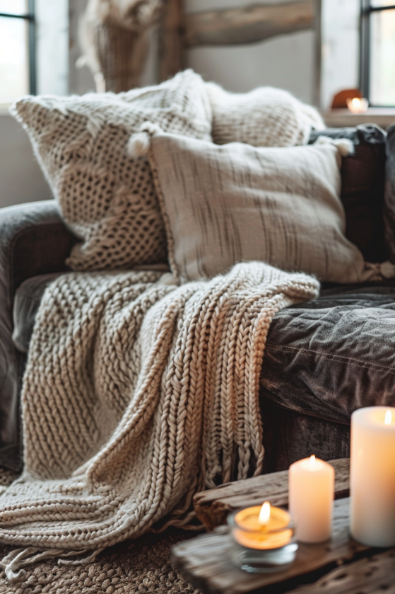 Thick natural wool throw draped over a dark charcoal sofa in a moody farmhouse living room with candlelight