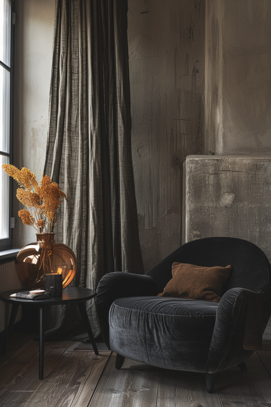 Dark linen floor-length curtains pooling on wood floors in a moody farmhouse living room with amber light