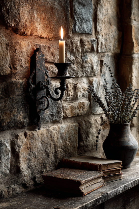 Wrought iron wall sconce with candle flame on a rough stone wall in a dark farmhouse interior