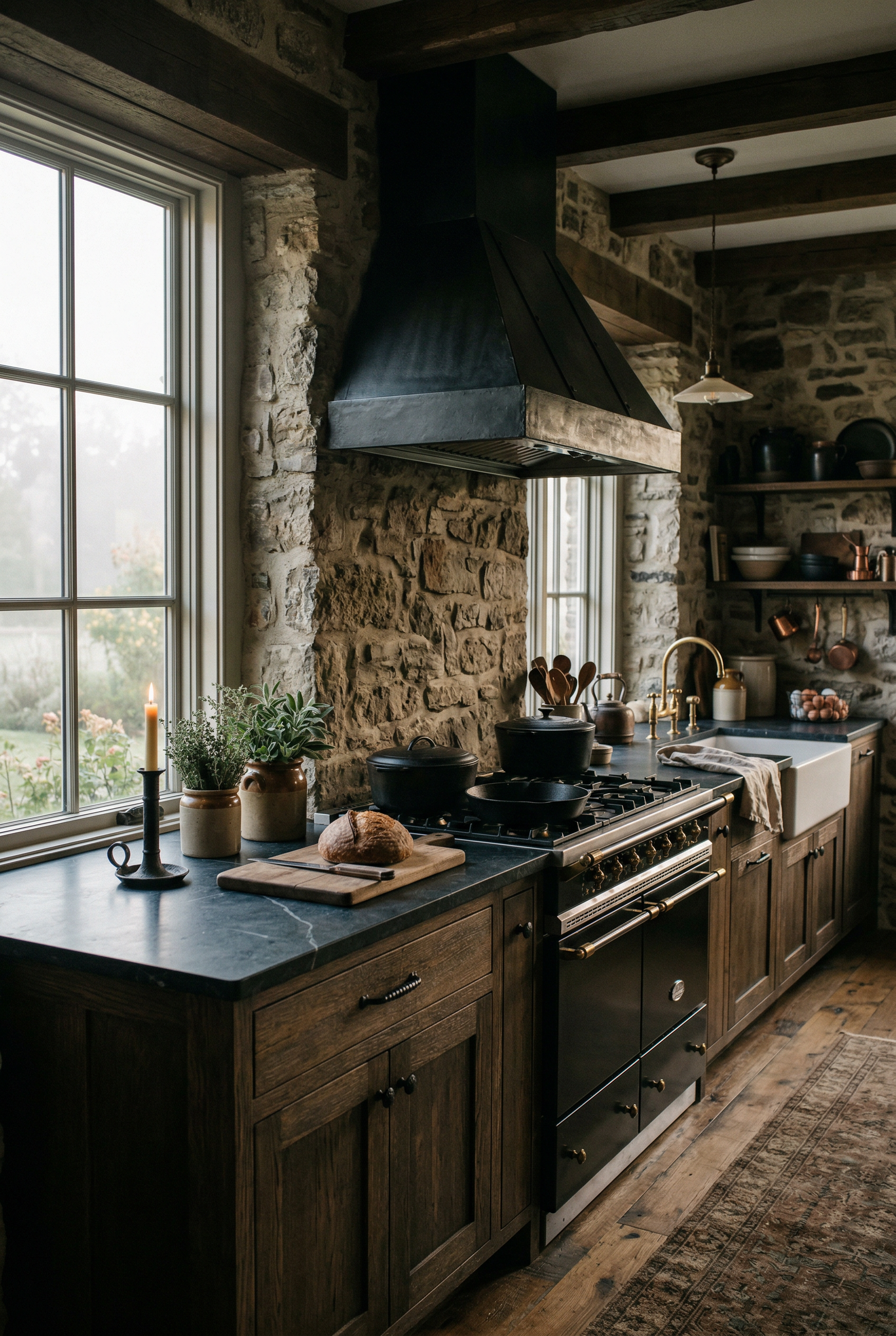 Gothic Farmhouse Kitchen — Stone, Cast Iron & Candlelight