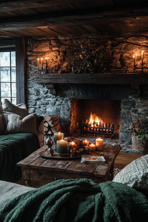 Dark Farmhouse Living Room — Embers, Stone & Worn Linen