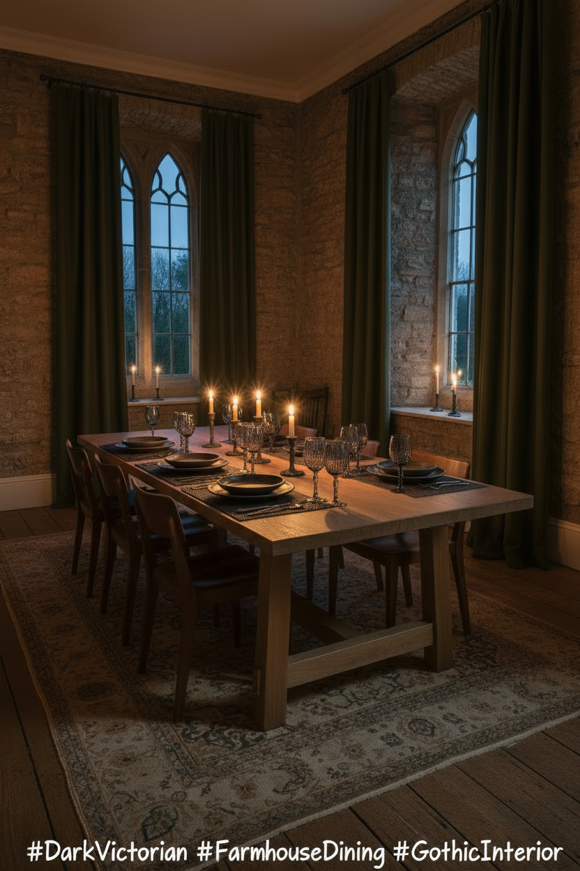 Dark Victorian Farmhouse Dining Room — Iron Candlesticks & Gothic Arches