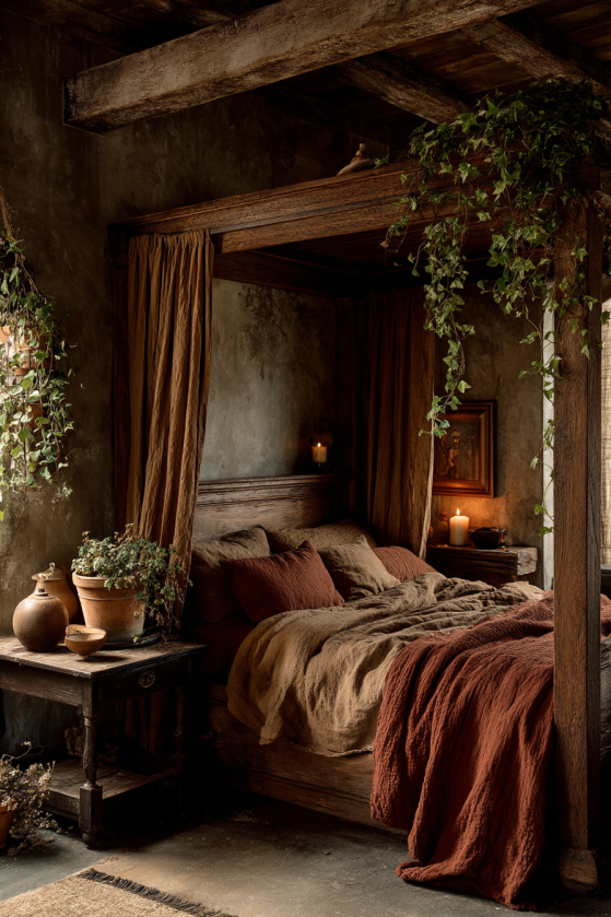 Dark Cottagecore Bedroom — Undyed Linen & Iron Candlestick