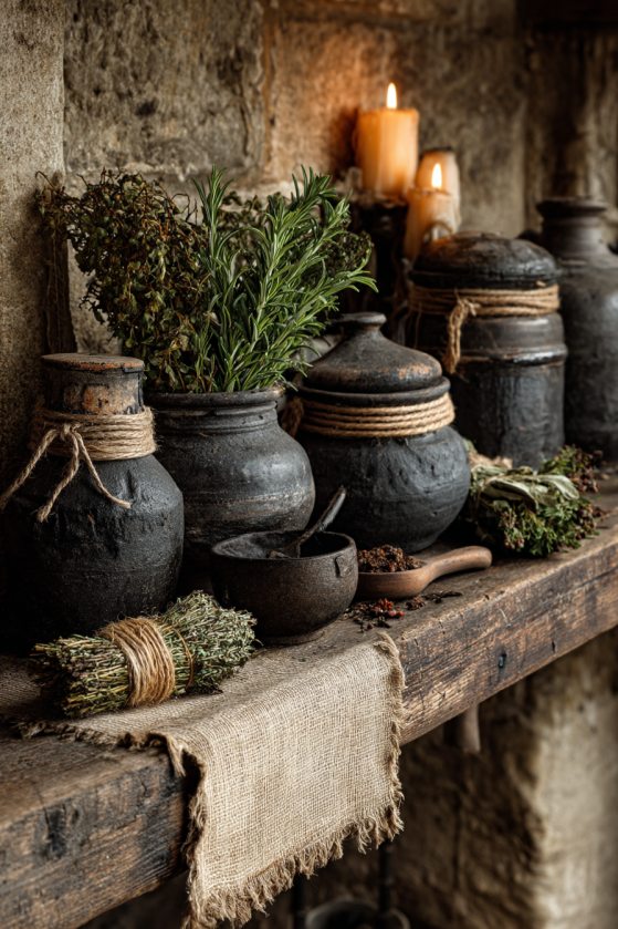 Gothic Farmhouse Kitchen Shelf — Dark Stoneware & Dried Herbs Gothic Farmhouse Kitchen Shelf — Dark Stoneware & Dried Herbs