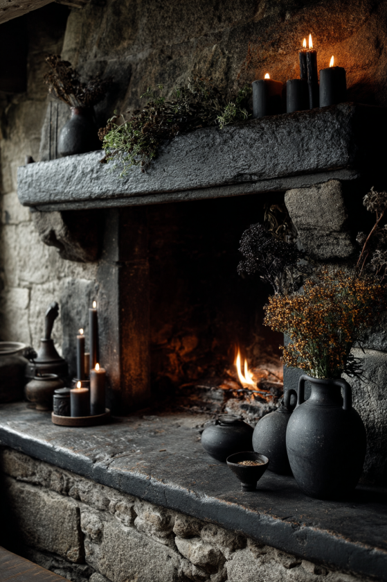 Dark Gothic Farmhouse Stone Hearth — Embers & Beeswax Candles