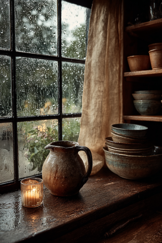 Dark Cottagecore Kitchen Window — Rain on Leaded Glass