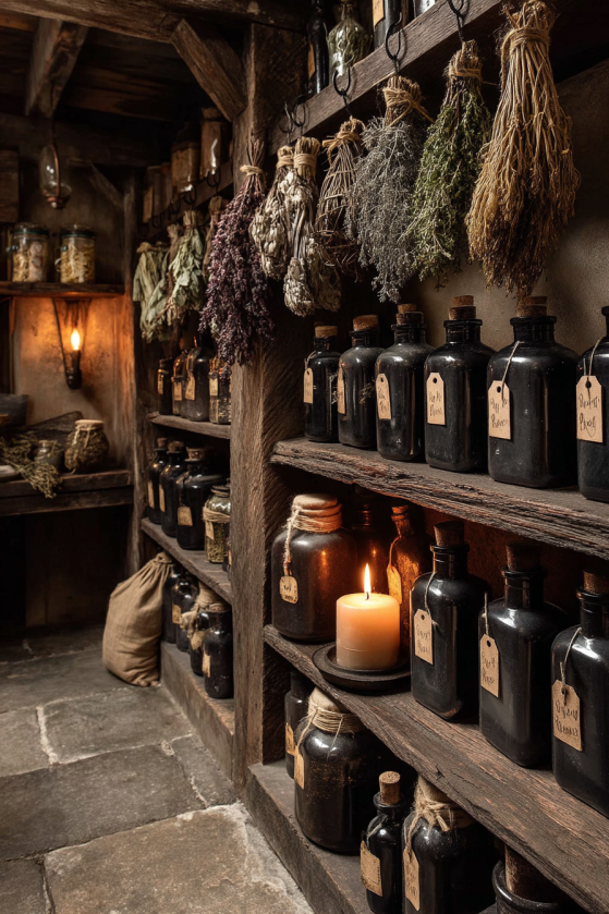Gothic Farmhouse Pantry — Apothecary Bottles & Beeswax Candlelight