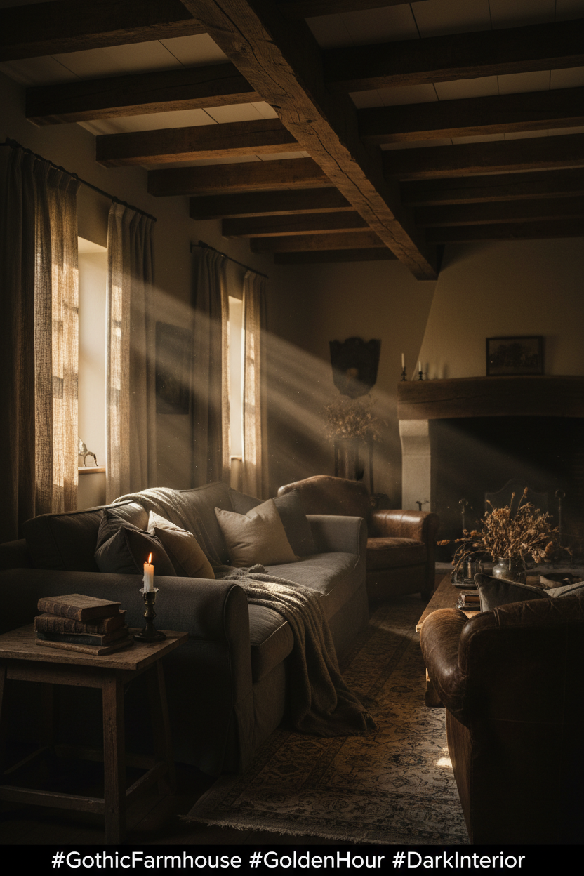 Dark Gothic Farmhouse Living Room — Golden Hour & Dust Motes