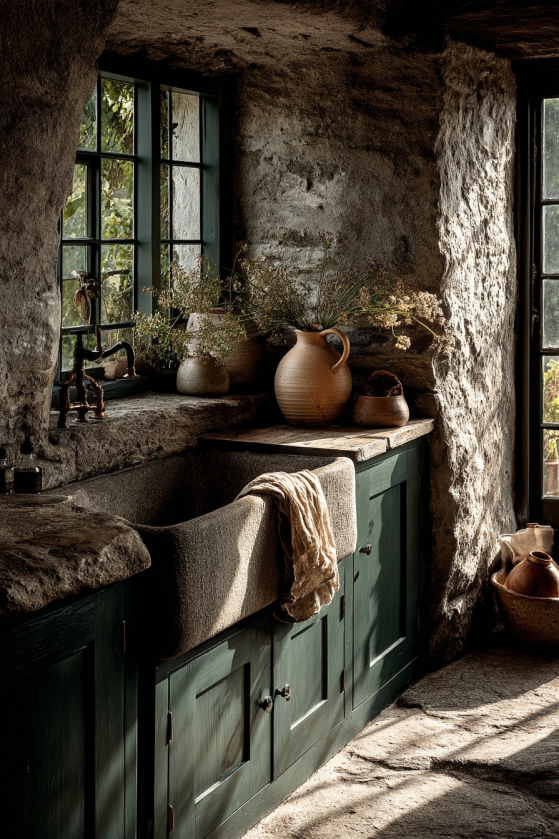 Gothic Dark Farmhouse Exterior — Iron Lantern and Stone Arch at Dusk Gothic Dark Farmhouse Exterior — Iron Lantern and Stone Arch at Dusk
